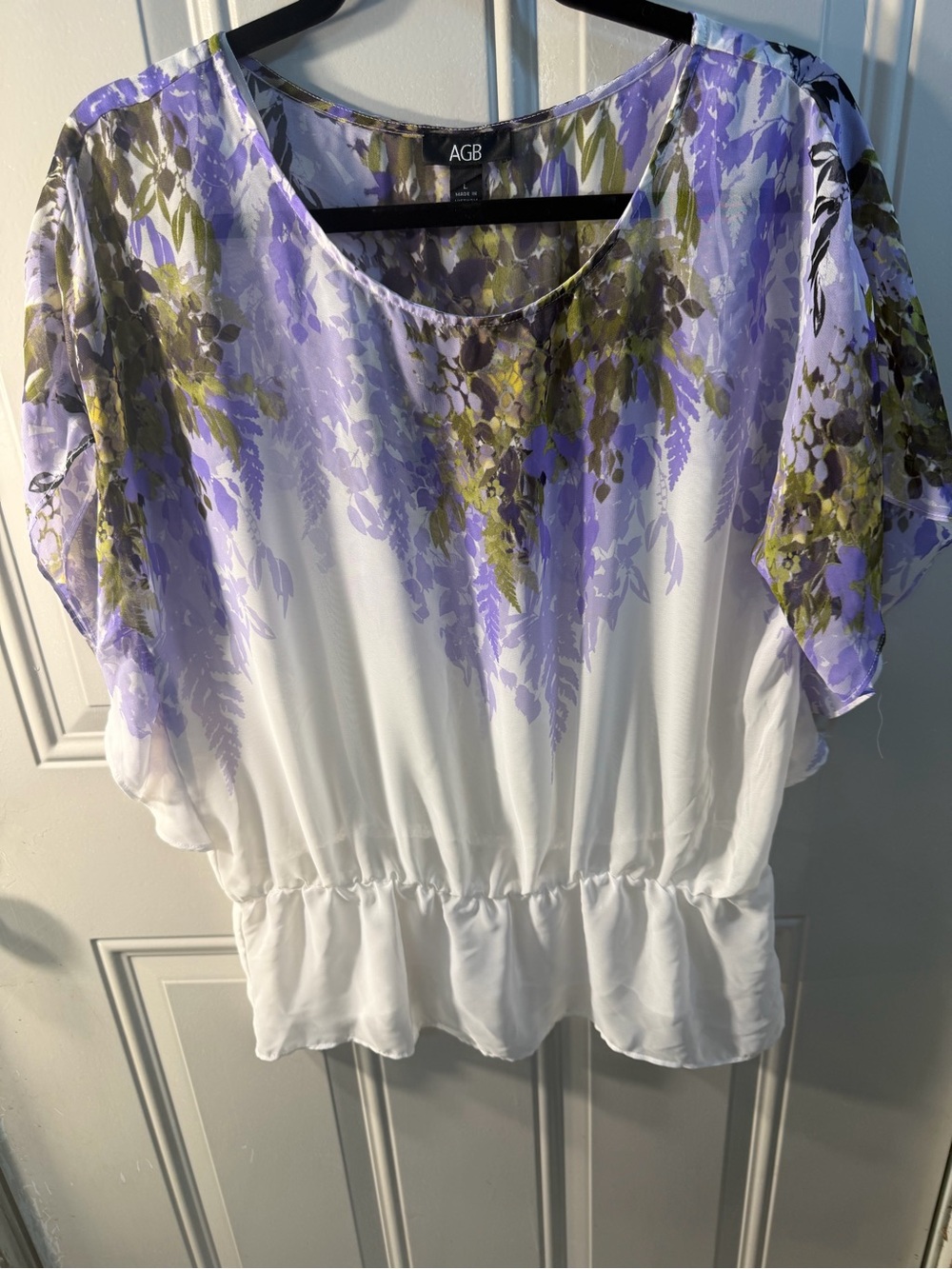 AGB White Blouse with Lavender and Olive Floral Overlay